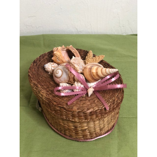 Coastal Vintage Woven Wicker Box & Shell Lid For Sale - Image 3 of 8