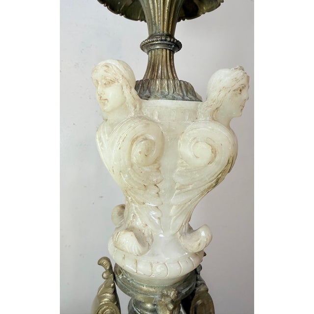 Large Antique Ornate Hand Carved Figural Alabaster Cast Iron Electric Table Lamp For Sale - Image 11 of 13