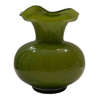 Boho Chic Olive Green Vase With White Flower Top For Sale