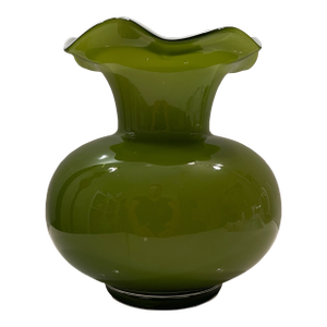 Mid Century Olive Green Vase With White Flower Top