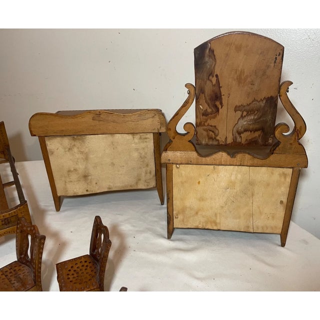 Set of 8 Antique Handmade Mini Wood Bedroom Set Tramp Art Furniture Dresser Bed Vanity For Sale - Image 13 of 14