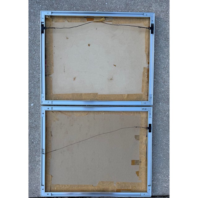 Vintage Mid-Century Japanese Scenic Silk Paintings in Steel Frames, Pair For Sale - Image 12 of 12