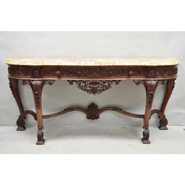 Antique French Baroque Rococo Style Ornately Carved Walnut Marble Top Long Sideboard Buffet with 3 Drawers. Item features...