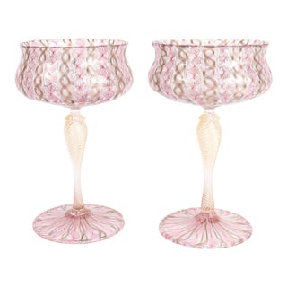 Pair of Venetian / Salviati Murano Glass Latticino Toasting Champagne Glasses For Sale