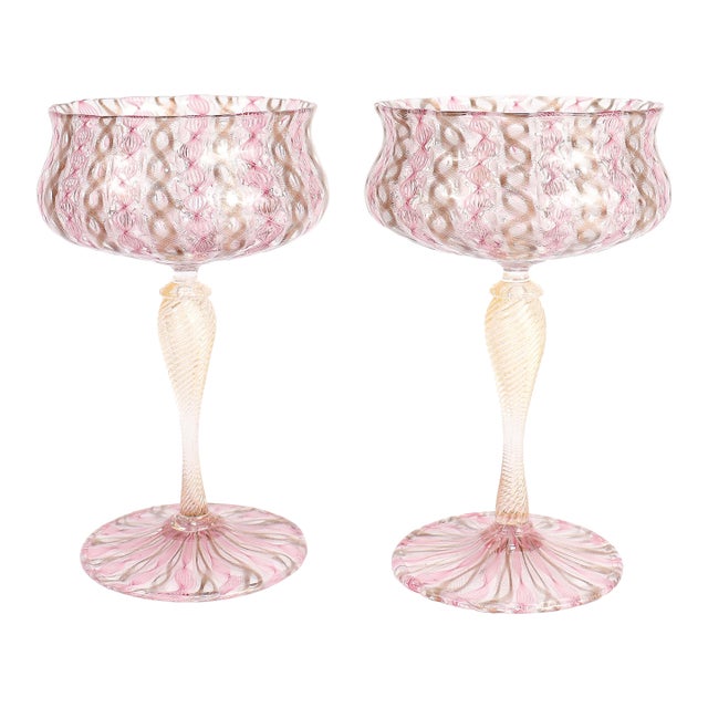 Pair of Venetian / Salviati Murano Glass Latticino Toasting Champagne Glasses For Sale