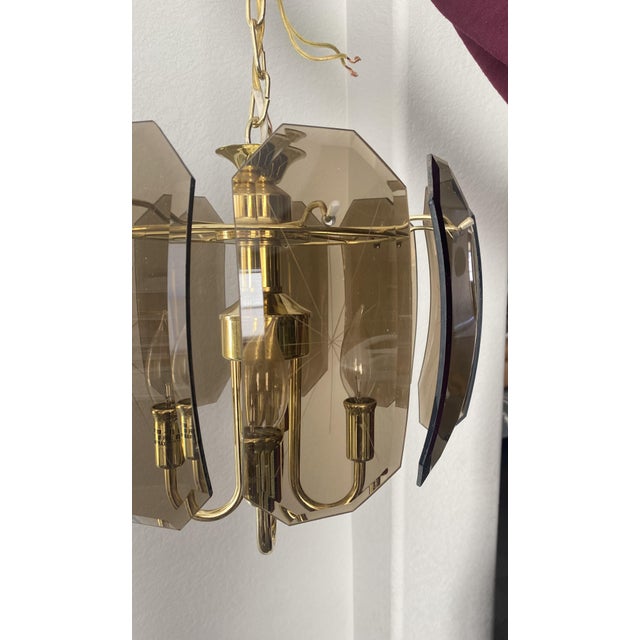 Mid-Century Modern Vintage Catalina Lighting Smoked Curved Glass Beveled Chandelier For Sale - Image 3 of 12