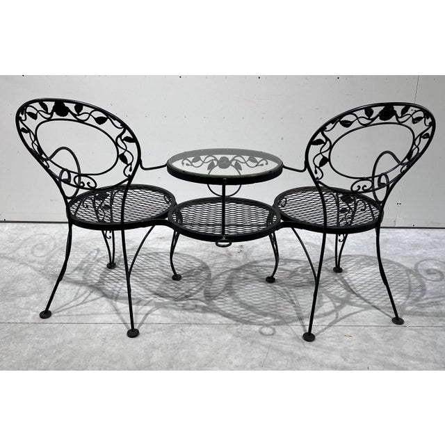 Woodard Furniture Co. Woodard Furniture Tete-A-Tete Wrought Iron Outdoor Chantilly Rose Tete a Tete Chair Bench Loveseat For Sale - Image 4 of 11