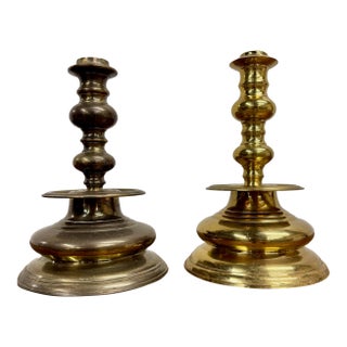 Vintage Solid Brass Candlesticks Candle Holders With Drip Pans - Pair For Sale