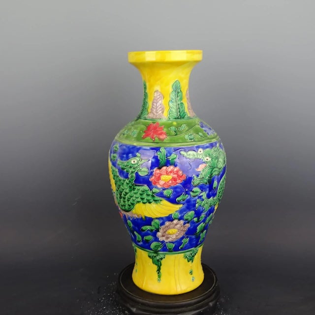 Early 20th Century Chinese Vintage Ceramic Vase,Ming Dynasty Yongle Marked Yellow Ground Famille Verte Porcelain Fish Tail Vase With Dragon Phoenix Relief For Sale - Image 5 of 7