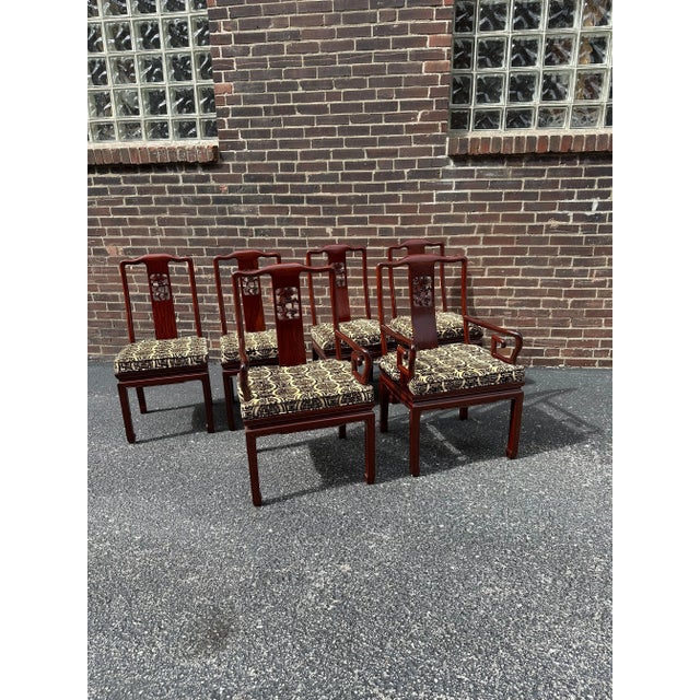 Wood 1990s Carved Rosewood Asian Dining Table Chairs, With Cushions - Set of 6 For Sale - Image 7 of 7