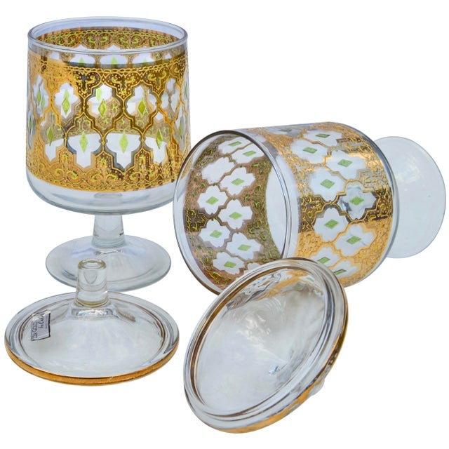 Culver Ltd. Mid 20th Century Green & Gold Patterned Culver Glass Candy Jars- Set of 2 For Sale - Image 4 of 5