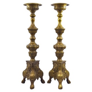 Antique Heavy Brass Lion Candle Holders - A Pair For Sale