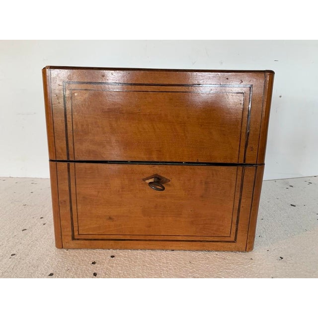 Charles x style liquor cabinet lemonwood veneer case brass handle tray four decanters and 14 cut and engraved crystal...