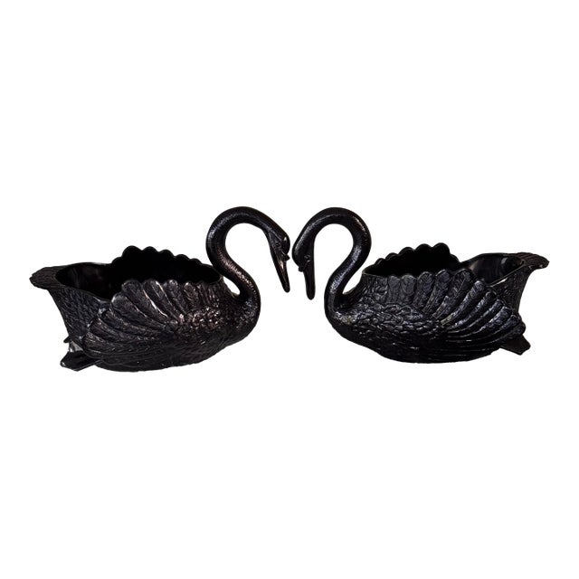 1930's Cambridge Glass Ebony Swan Centerpiece Cachepots - a Pair For Sale