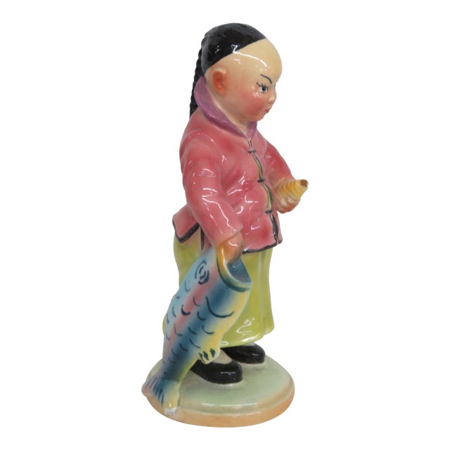 Brad Keeler Art Pottery Ceramic Figurine 601 Asian Boy in Robe With Fish 5025b For Sale