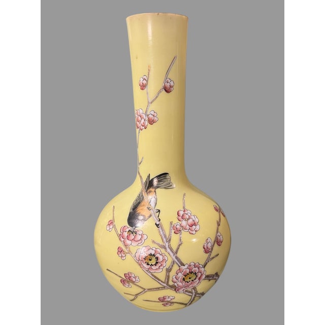 Antique Gilt Floral & Bird Decorated Hand Painted Art Glass 14" Vase For Sale - Image 6 of 6