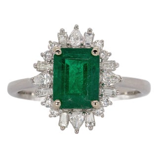 1.6Ct Zambian Emerald & Diamond Ring in Solid 14k Gold, Emerald Cut 8x6mm, Size 6.75 For Sale