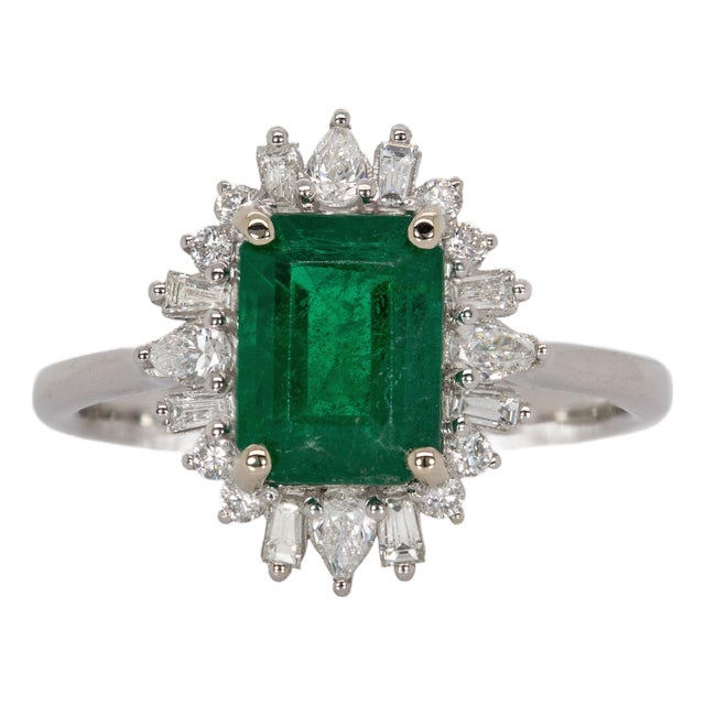 1.6Ct Zambian Emerald & Diamond Ring in Solid 14k Gold, Emerald Cut 8x6mm, Size 6.75 For Sale
