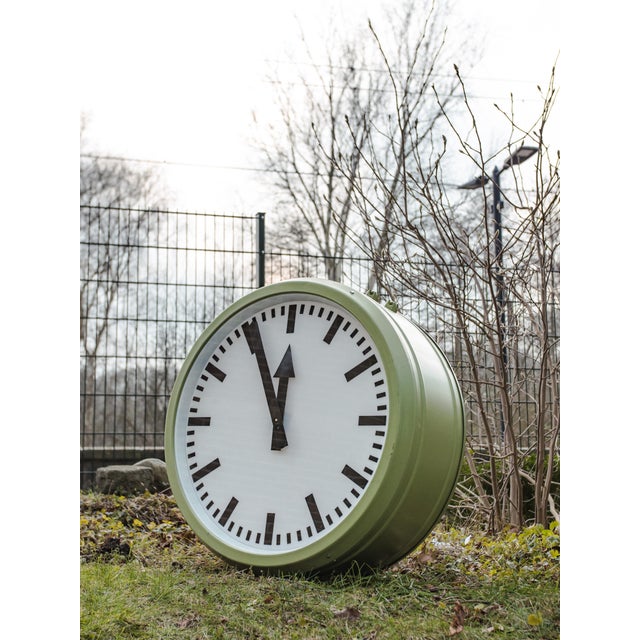 Double-Faced Illuminated Railway Station Clock with Green Quartz Conversion from RFT, Germany, 1950s For Sale - Image 10 of 14