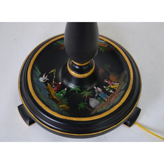 Vintage Black Pillar Wood Hand-Painted Color Chinoiseries Pattern Floor Lamp For Sale In New York - Image 6 of 8