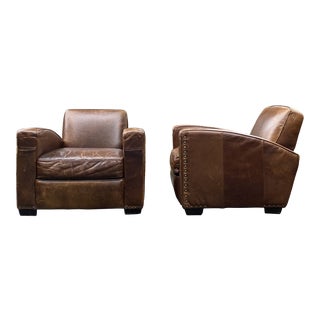 Restoration Hardware Distressed Leather Club Chairs - a Pair For Sale