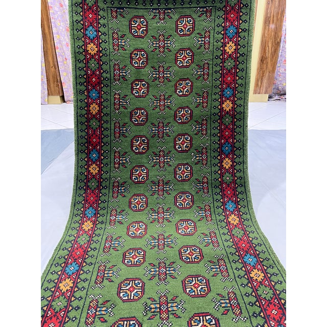 Textile Extra-Long Green Turkmen-Style Geometric Runner Rug, 2'9" X 15'8" For Sale - Image 7 of 15