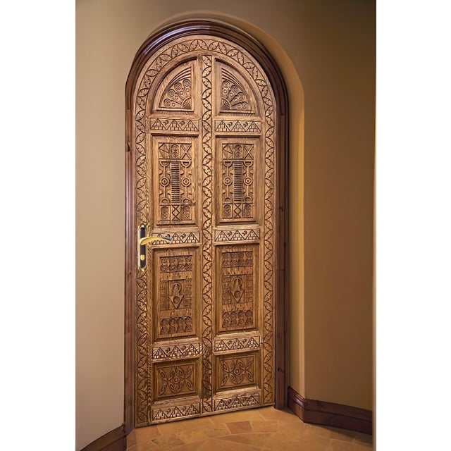 Wood Hand-Carved Solid Wood Arched Door – Tribal Geometric Mediterranean Design For Sale - Image 7 of 10