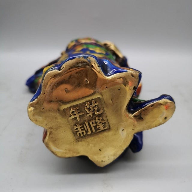 Enameled Brass Guan Gong Sculpture, Colorful Cloisonne Warrior God Figurine, Chinoiserie Tabletop Decor For Sale - Image 4 of 8