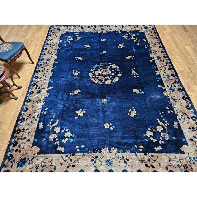 Vintage Room Size Chinese Art Deco Rug, Hand-Knotted Navy Blue, Taupe, 9' x 12' For Sale In Chicago - Image 6 of 18