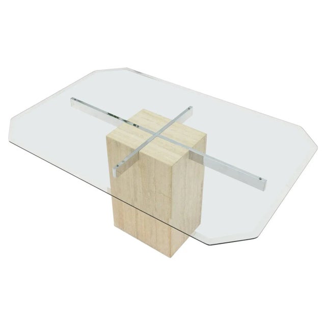 Single Travertine Rectangle Base Chrome Stretchers Glass Top Dining Table Italy For Sale - Image 13 of 13