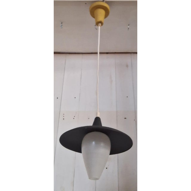 Mid-Century Yellow and Black Lantern-Shaped Pendant Light with White Lined Glass Shade, 1960s For Sale - Image 4 of 7