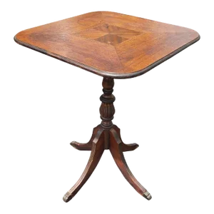 19th Century Walnut Inlay Tilt-Top Pedestal Quad Leg Desert or Side Table