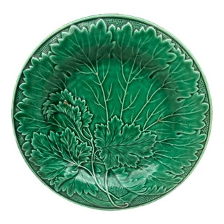 French Green Majolica Leaves Plate Montereau, Circa 1890 For Sale