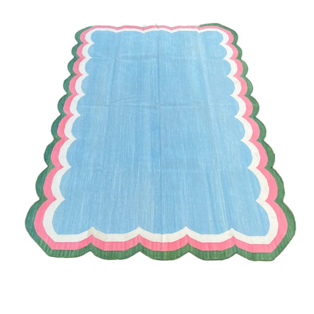 Handmade Cotton Area Scalloped Rug Sky Blue, Cream, Pink and Forest Green Border Dhurrie - 10'x14' For Sale - Image 9 of 11