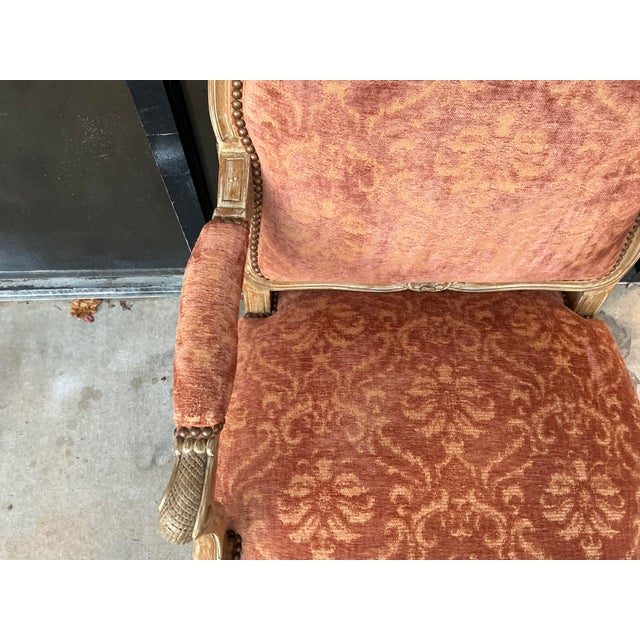 Burnt Orange William Switzer Cerused Carved Fruitwood French Louis XV Style Arm Chair For Sale - Image 8 of 14
