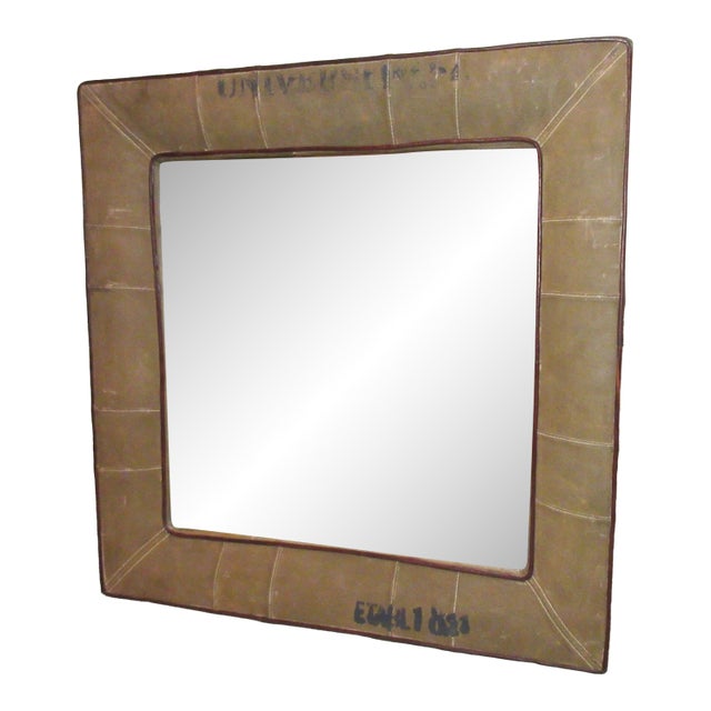 Share Vintage Handmade Repurposed Military Army Navy Canvas Square Green Wall Mirror For Sale