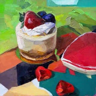 Cheesecake & Hearts by Yana Beylinson | Oil on Board Still life of cheesecake and hearts For Sale