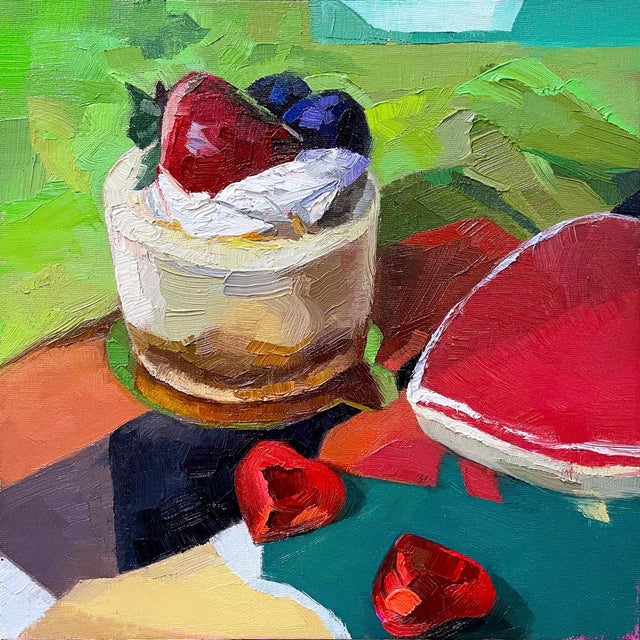 Cheesecake & Hearts by Yana Beylinson | Oil on Board Still life of cheesecake and hearts For Sale