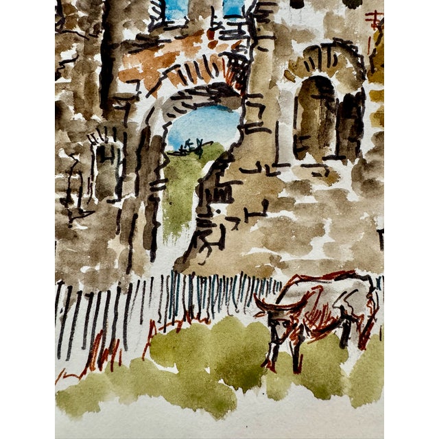 Rustic Henry Emil Salloch Original Watercolor on Paper Castle Ruins With Cow, 1966. For Sale - Image 3 of 7