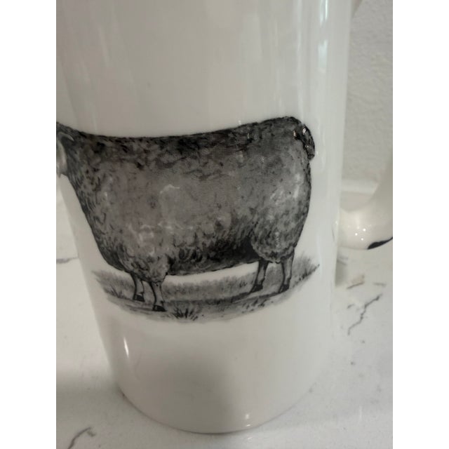 English Vintage White Jug / Pitcher With a Sheep on Both Sides With Black Trim From England For Sale - Image 3 of 9