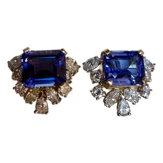 13 Carat Emerald Cut Tanzanite & 5 Carat Diamond 18 Karat Two Tone Gold Earring For Sale