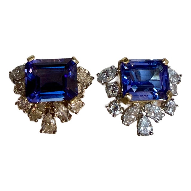 13 Carat Emerald Cut Tanzanite & 5 Carat Diamond 18 Karat Two Tone Gold Earring For Sale