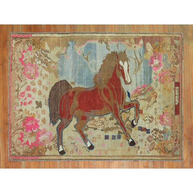 Antique Brown Horse 20th Century Pictorial Wool Decorative Rug For Sale - Image 16 of 18