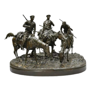 Large Bronze Statue 3 Horse Rider Hunt Scene After Evgeni Alexandrovich Lanceray