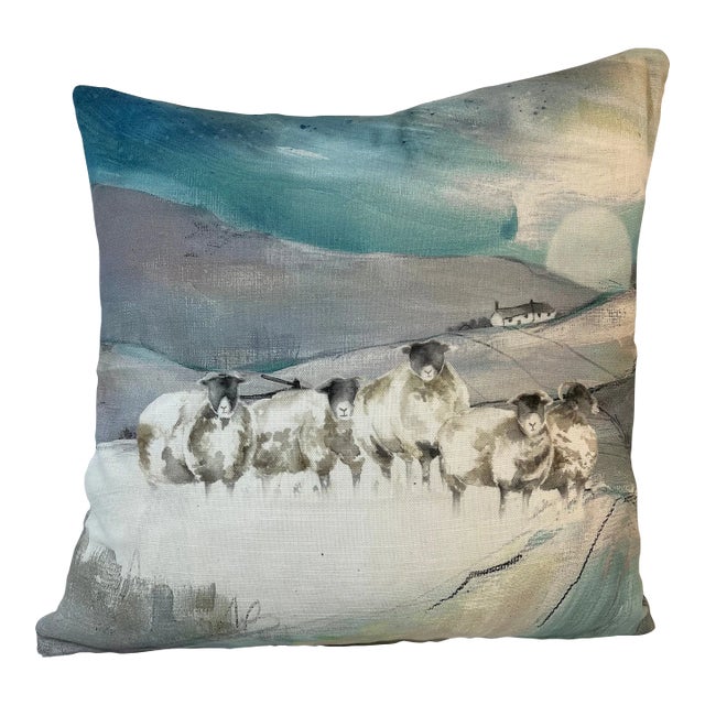 16" Square Decorative Toss Pillow Embellished With a Flock of Grazing Sheep Under the Moon - Made in the U K For Sale