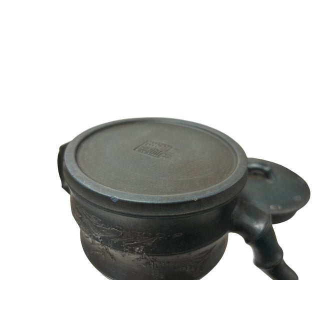 Chinese Vintage Chinese Gray Blue Round Shape Bamboo Theme Zisha Clay Teapot Art Display For Sale - Image 3 of 8