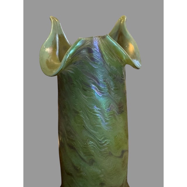 Antique Art Nouveau Loetz Style 14" Iridized Art Glass Vase For Sale - Image 10 of 12