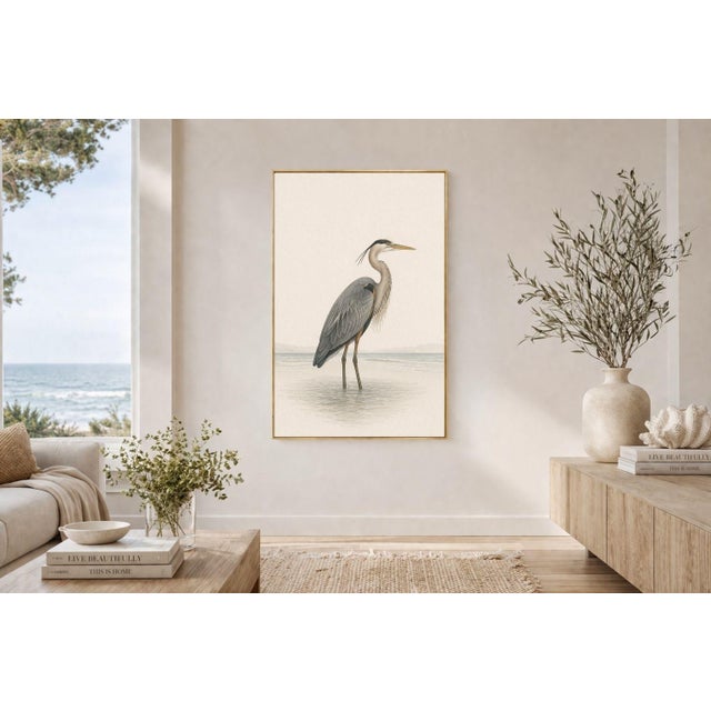 Great Blue Heron Coastal Study, Neutral Bird Wall Art Print, 24″ × 36″ Reproduction For Sale - Image 4 of 10