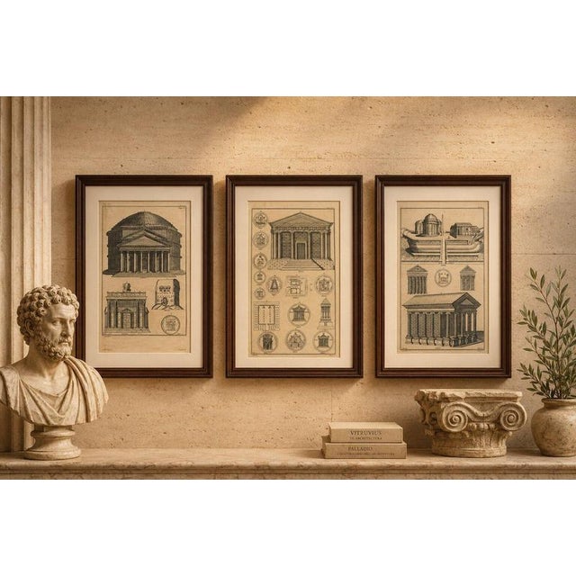 Antique Roman Temple Engravings Set of 3, Montfaucon 1721 Architecture A refined and highly decorative set of three early...