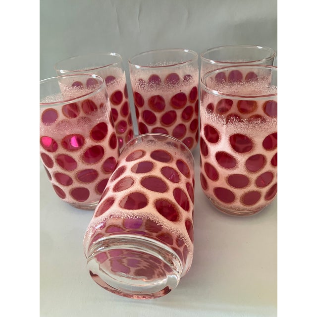 1960s Fun Cranberry Red Pink & Cream Polka Dots Medium Size Glasses Set of 6 For Sale - Image 4 of 9
